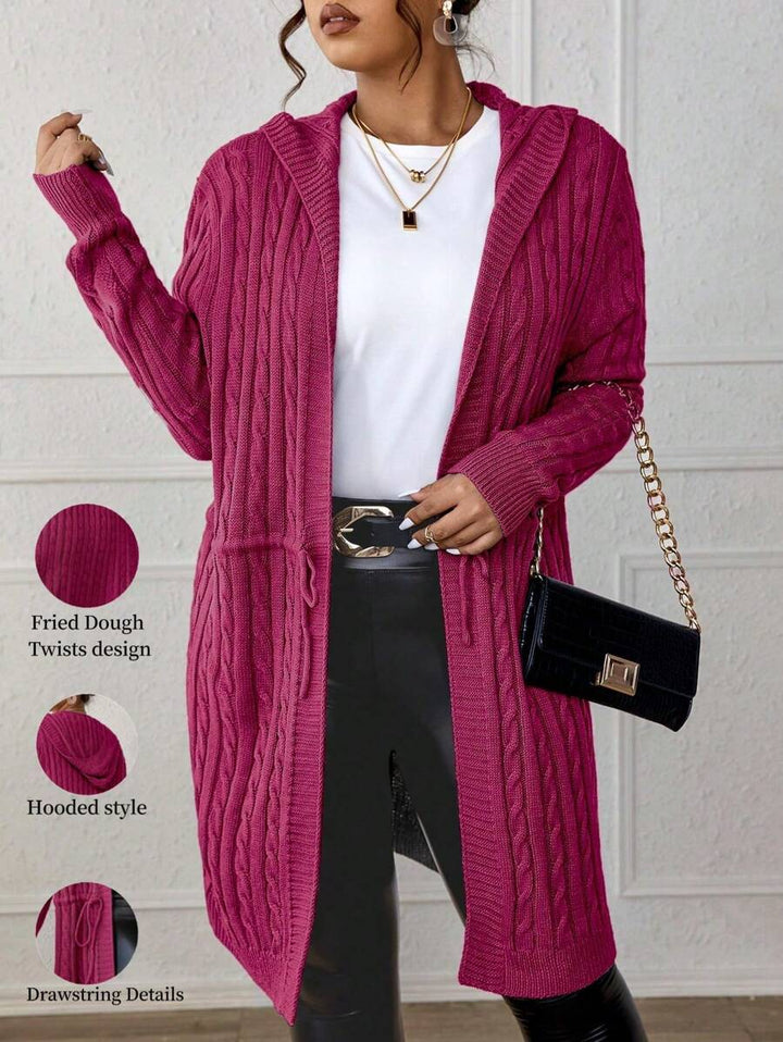 Drawstring Cable Knit Hooded Cardigan