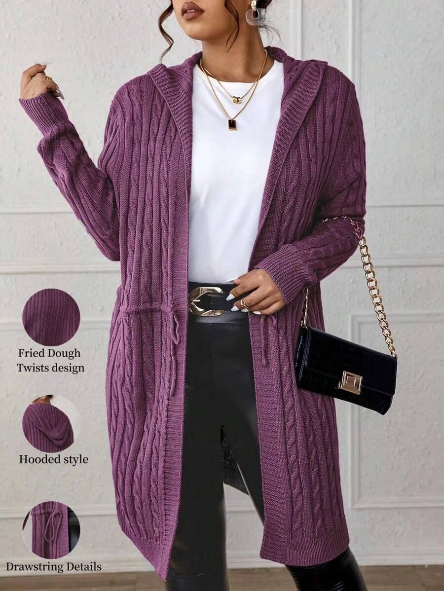 Drawstring Cable Knit Hooded Cardigan