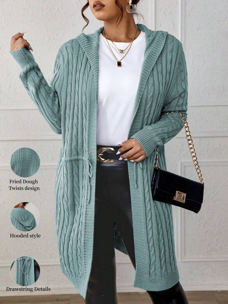 Drawstring Cable Knit Hooded Cardigan