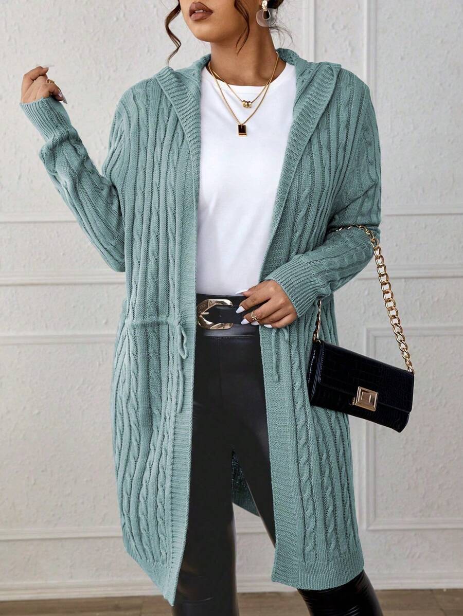 Drawstring Cable Knit Hooded Cardigan