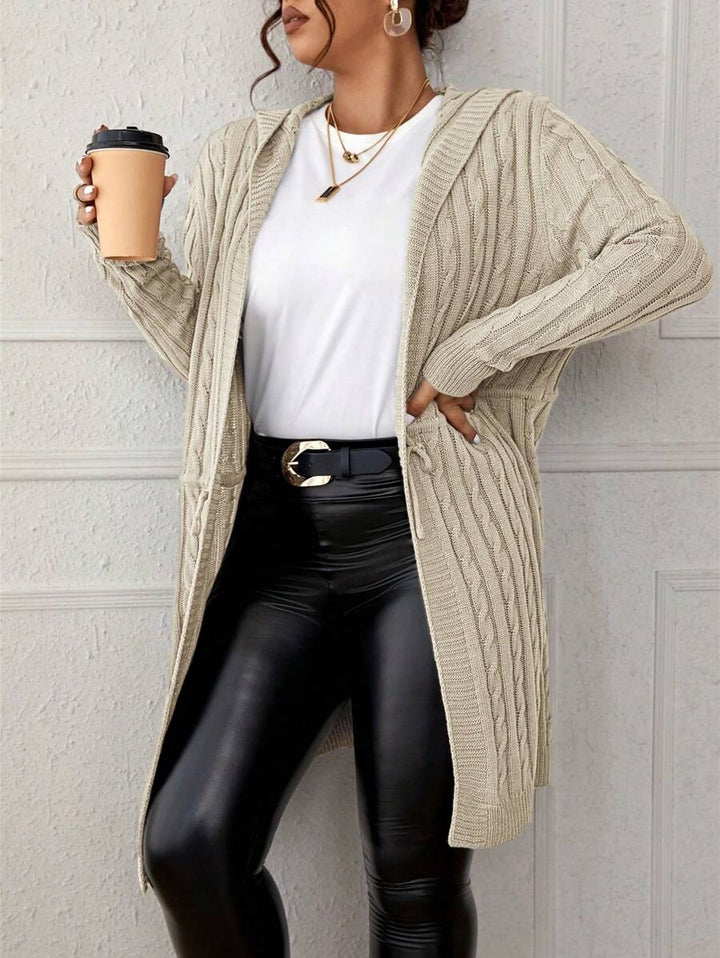 Drawstring Cable Knit Hooded Cardigan