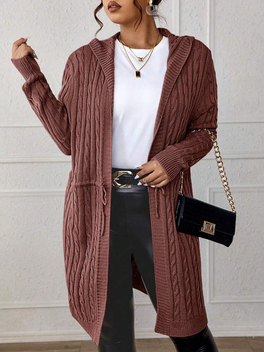 Drawstring Cable Knit Hooded Cardigan