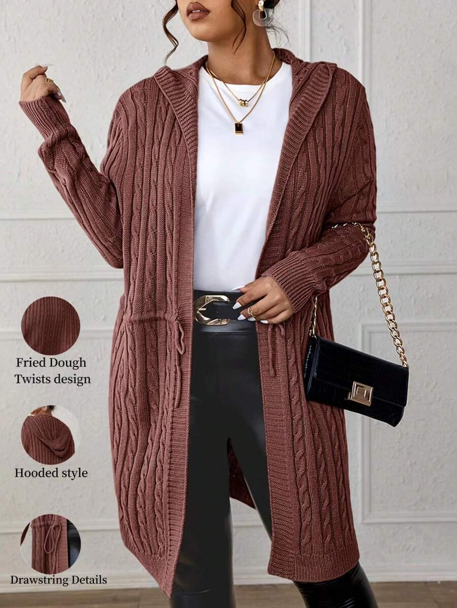 Drawstring Cable Knit Hooded Cardigan