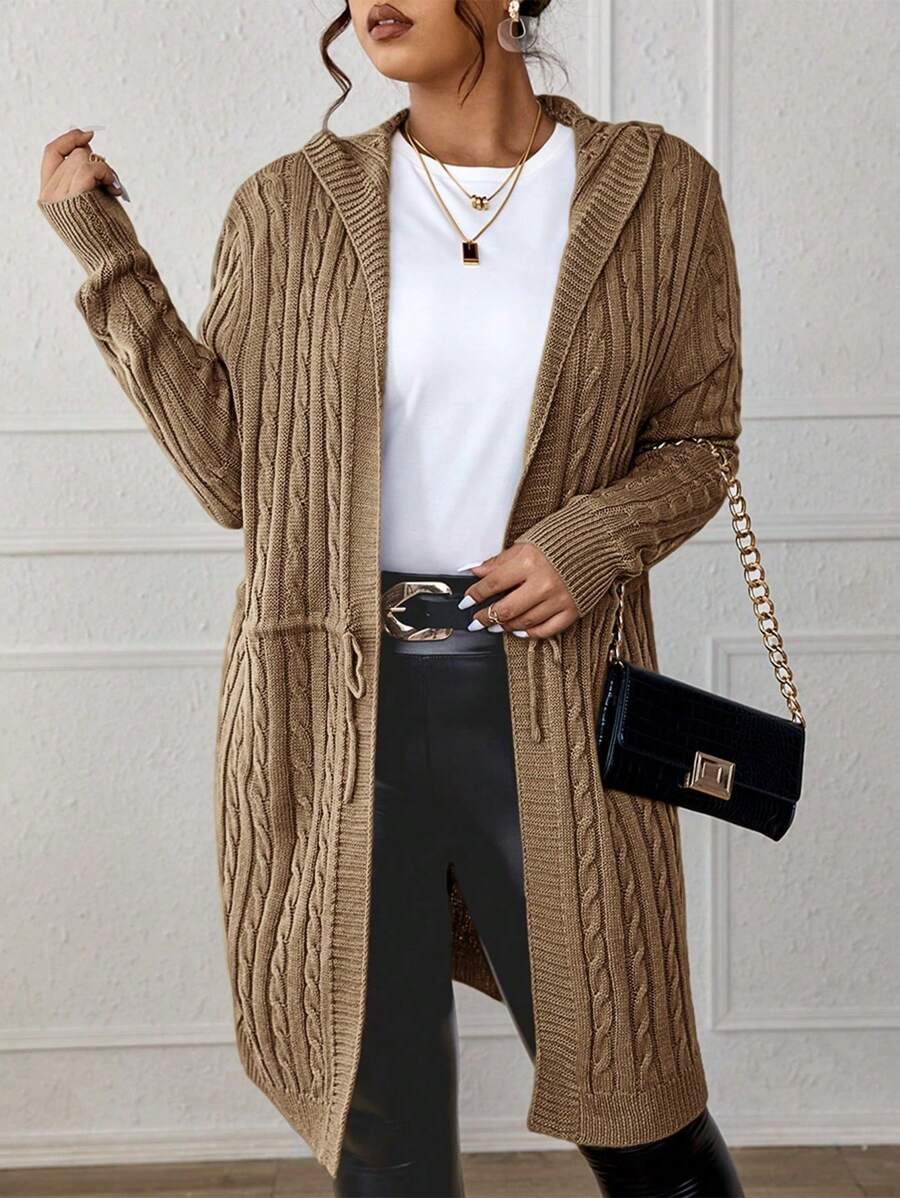 Drawstring Cable Knit Hooded Cardigan