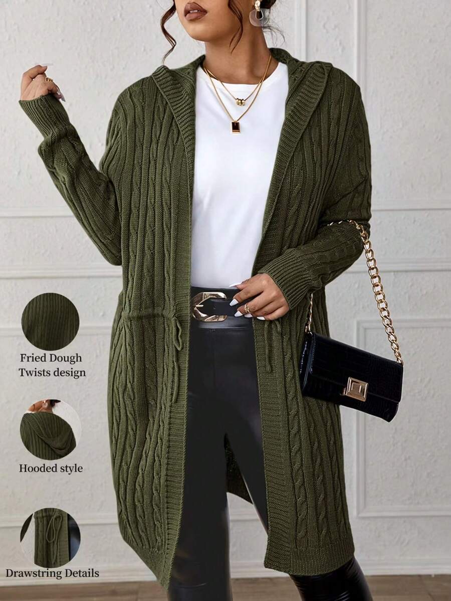 Drawstring Cable Knit Hooded Cardigan