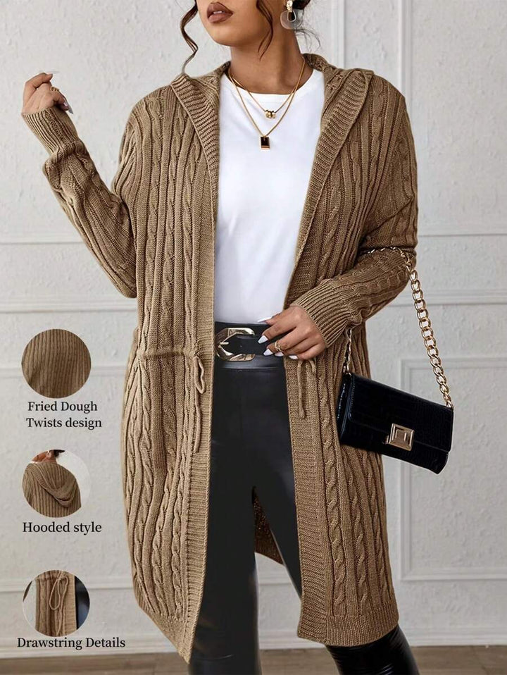 Drawstring Cable Knit Hooded Cardigan