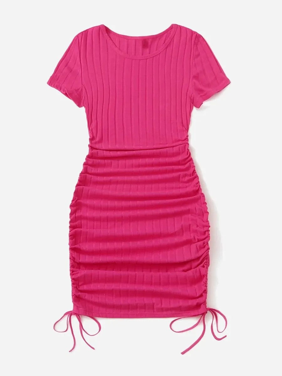 Barbie Drawstring Side Rib Knit Casual Dress