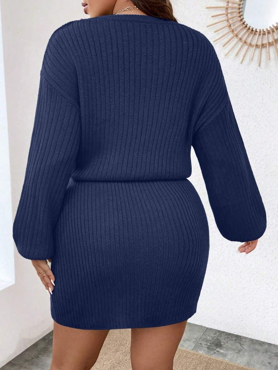 Drop Shoulder Drawstring Waist Sweater Dress