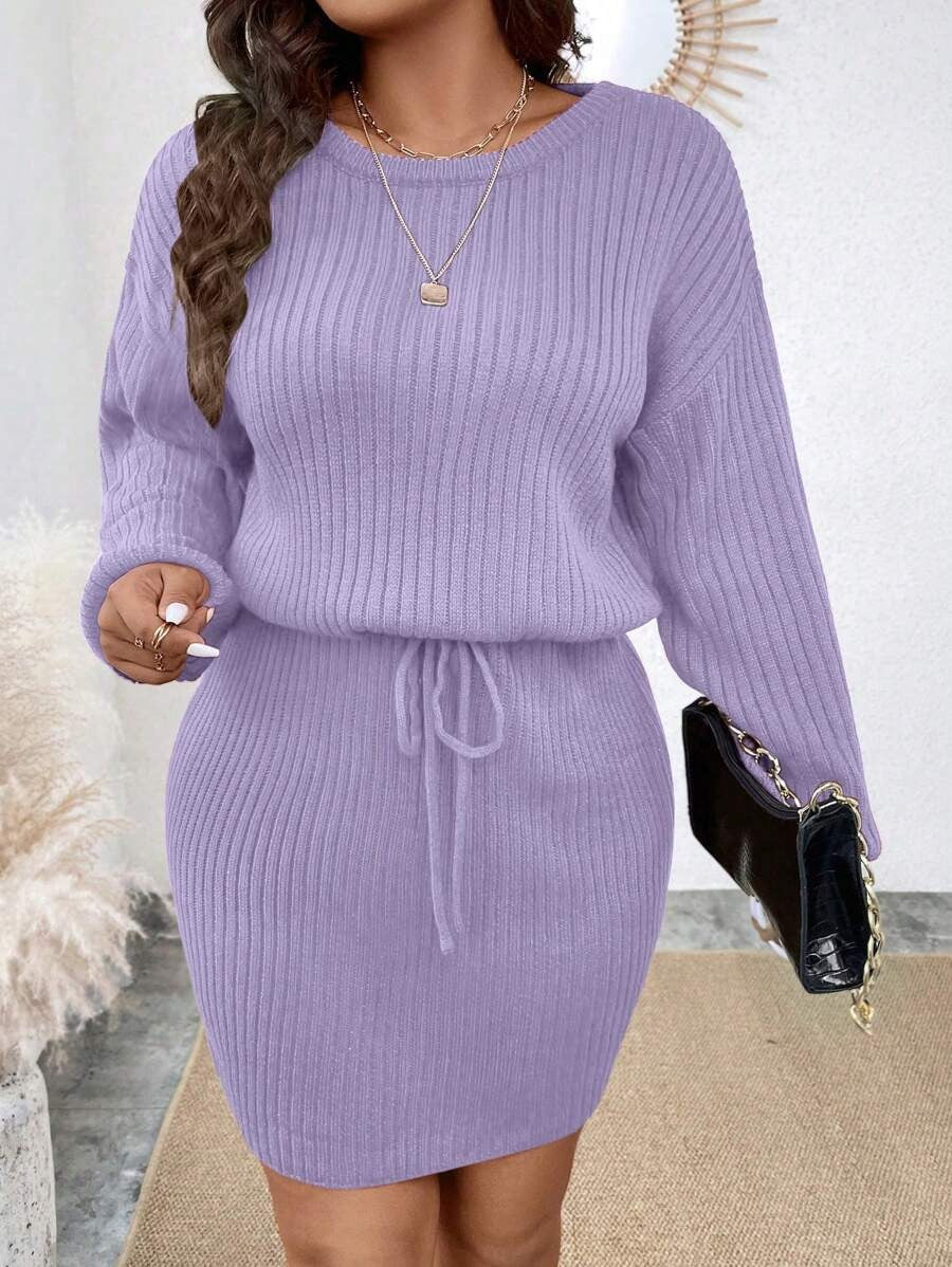 Drop Shoulder Drawstring Waist Sweater Dress