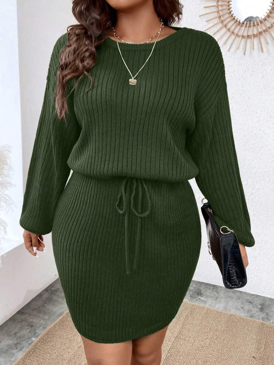 Drop Shoulder Drawstring Waist Sweater Dress