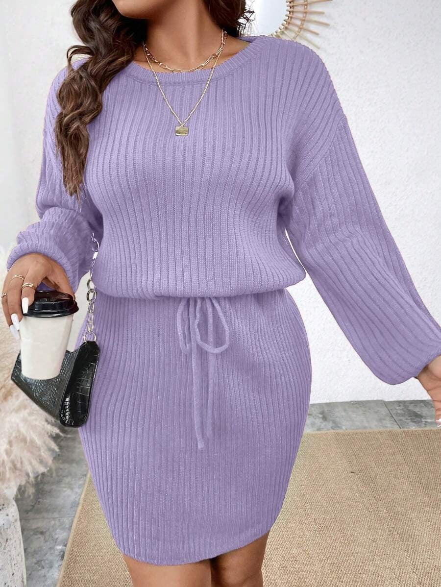 Drop Shoulder Drawstring Waist Sweater Dress