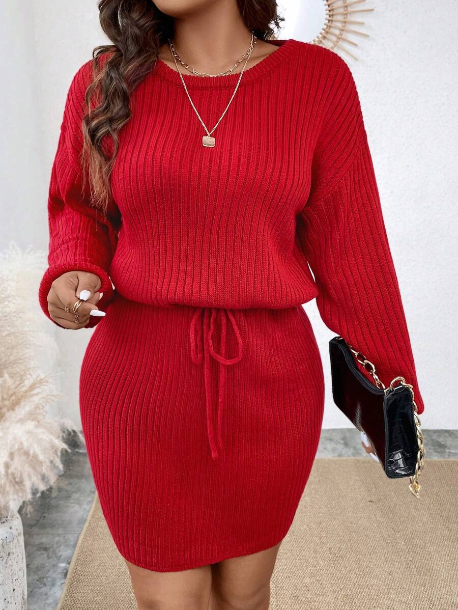 Drop Shoulder Drawstring Waist Sweater Dress