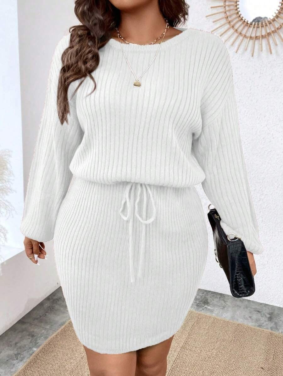 Drop Shoulder Drawstring Waist Sweater Dress