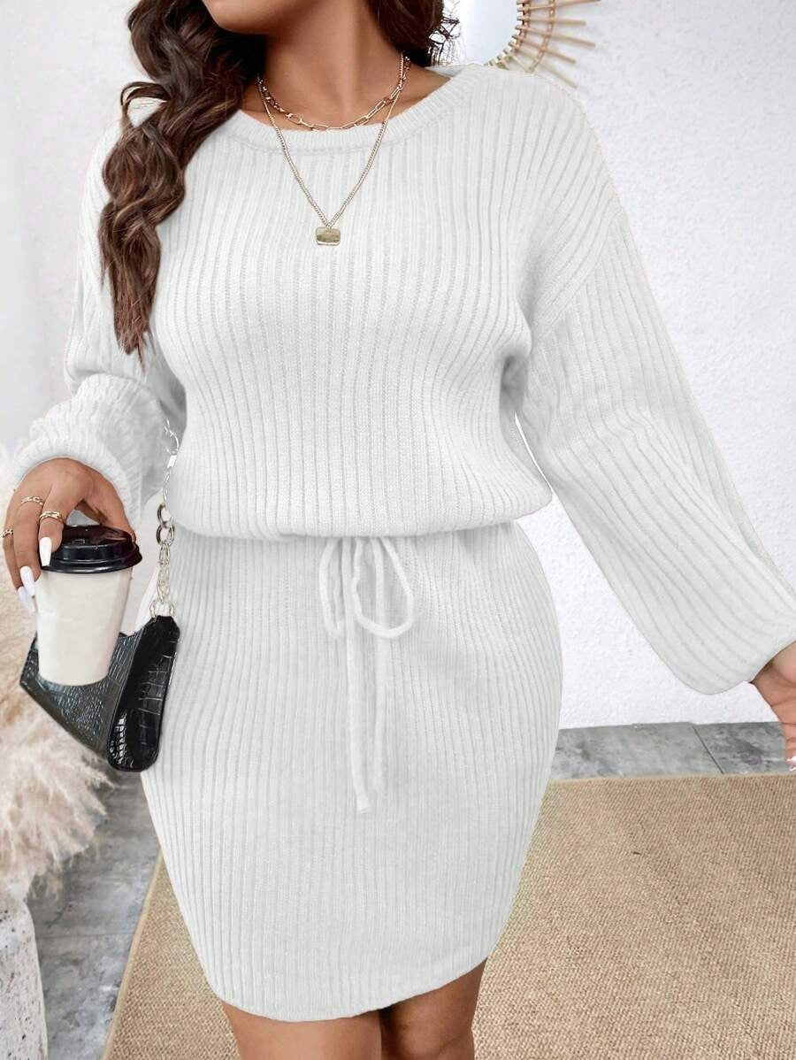 Drop Shoulder Drawstring Waist Sweater Dress