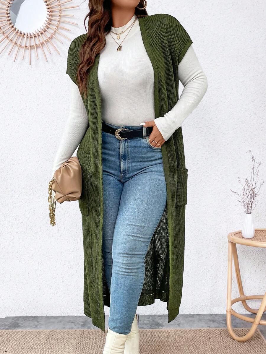 Dual Pocket Batwing Sleeve Open Front Cardigan