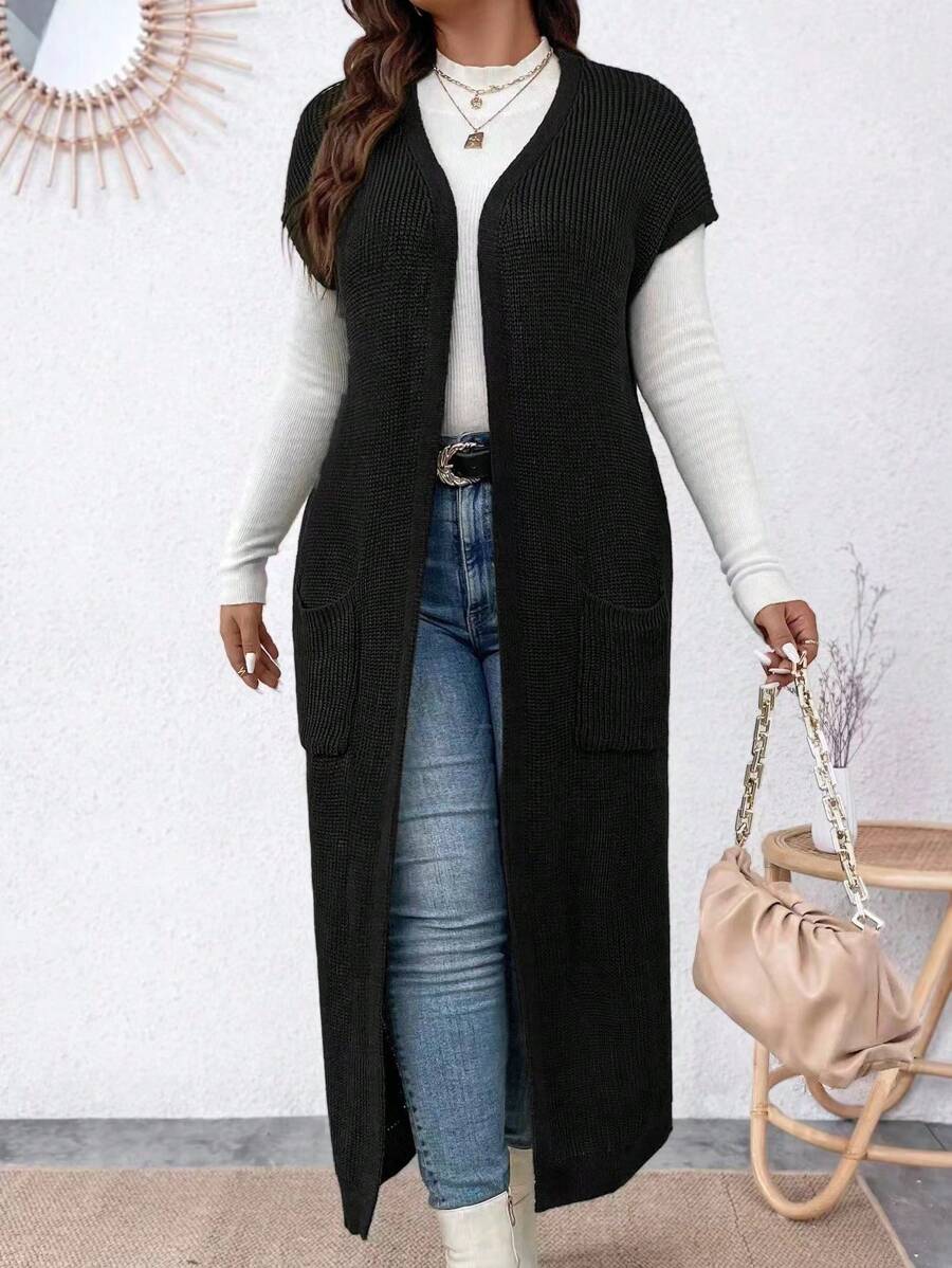 Dual Pocket Batwing Sleeve Open Front Cardigan