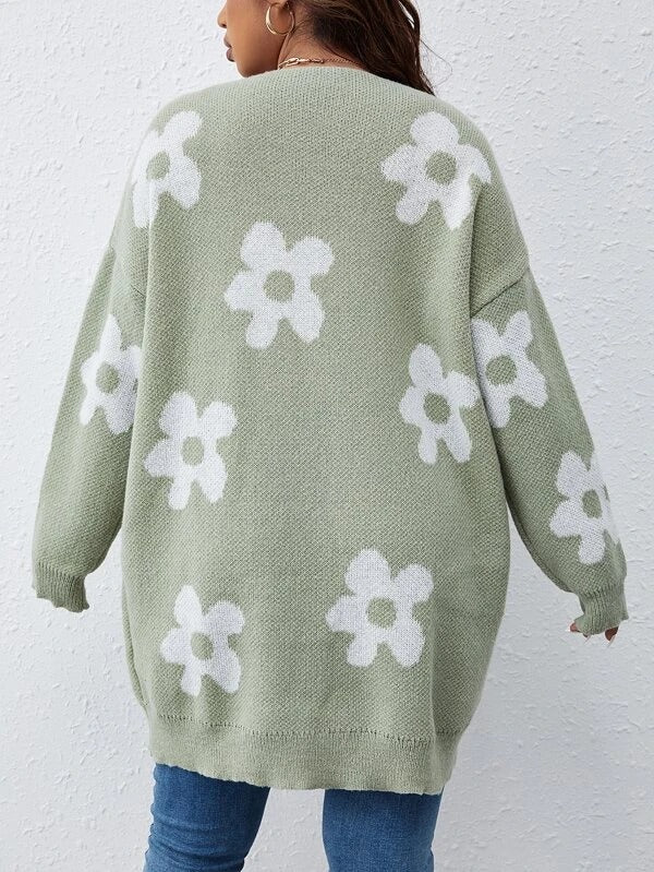 Floral Pattern Drop Shoulder Cardigan