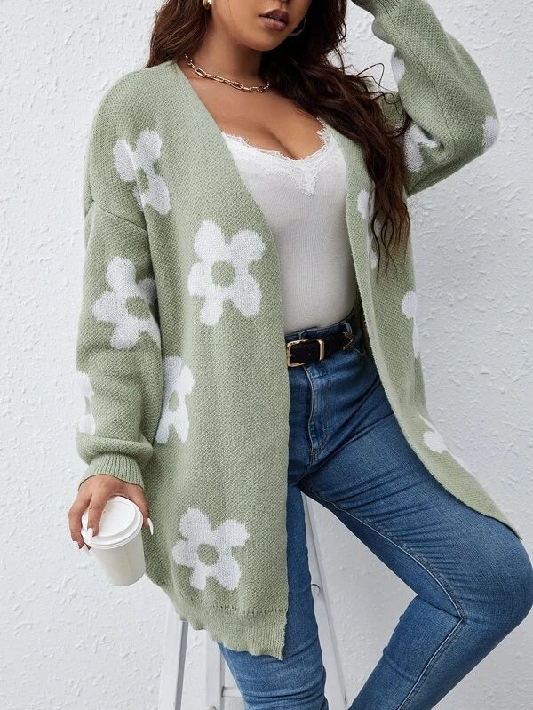 Floral Pattern Drop Shoulder Cardigan