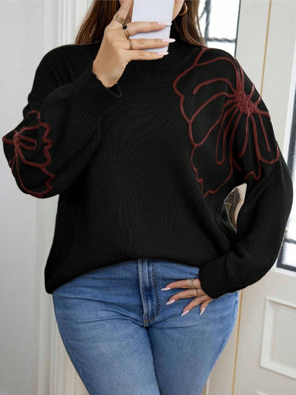 Floral Pattern Plus Long Sleeve Sweater