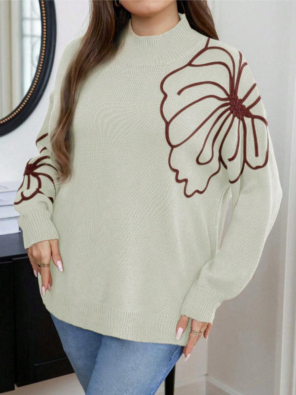 Floral Pattern Plus Long Sleeve Sweater