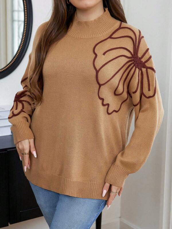 Floral Pattern Plus Long Sleeve Sweater