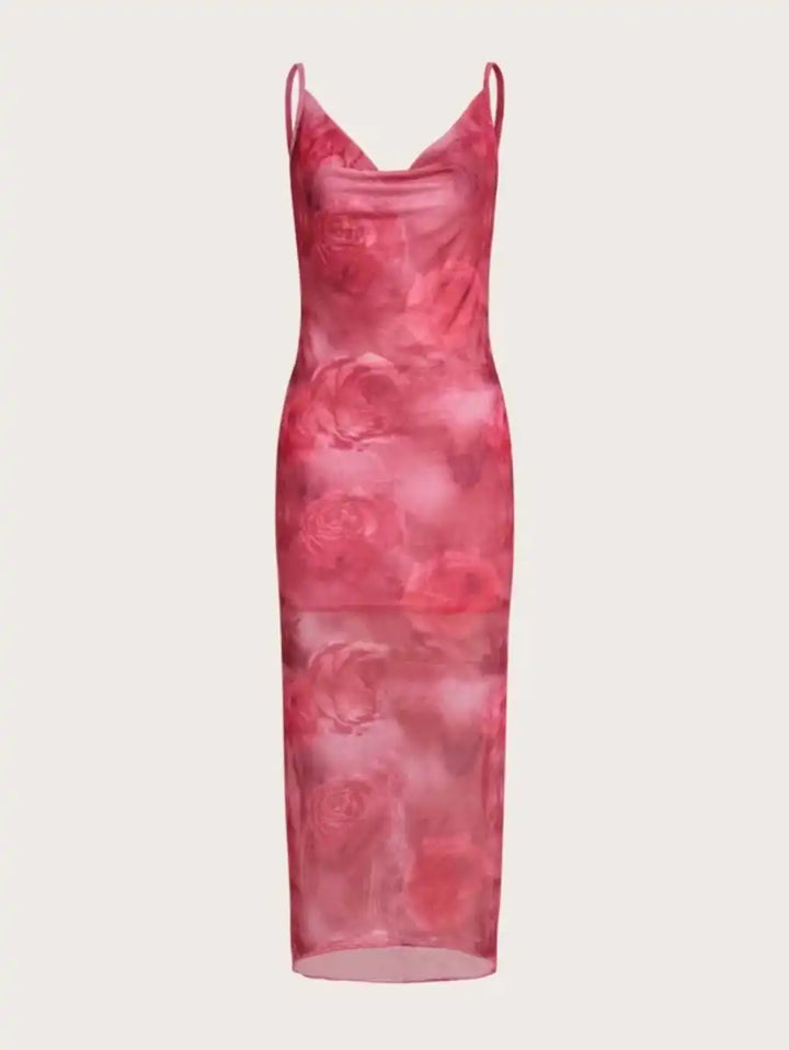 Barbie Floral Print Draped Front Split Mesh Cami Dress