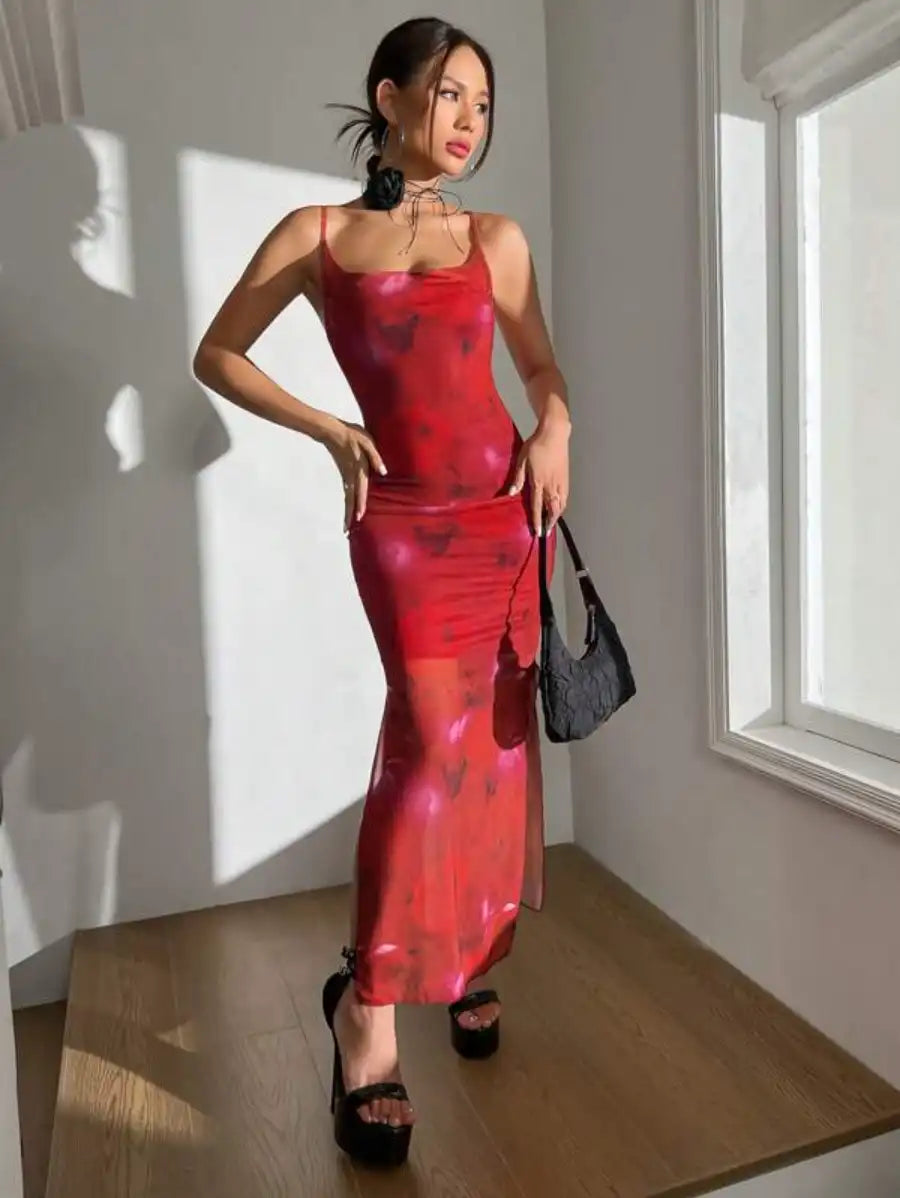 Geblümtes, drapiertes Cami-Kleid aus Netzstoff mit Schlitz vorne