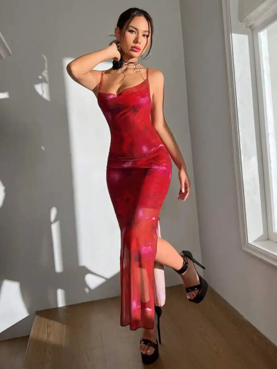 Barbie Floral Print Draped Front Split Mesh Cami Dress