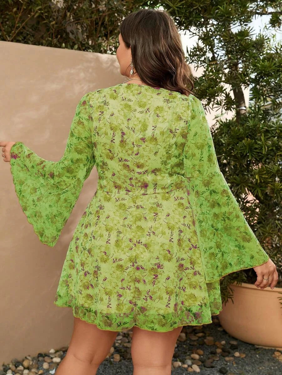 Barbie Floral Print Flounce Sleeve Chiffon Dress