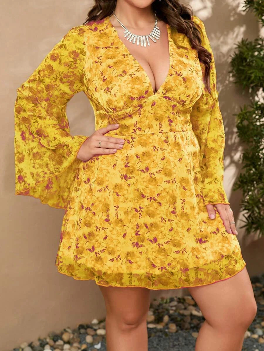 Barbie Floral Print Flounce Sleeve Chiffon Dress