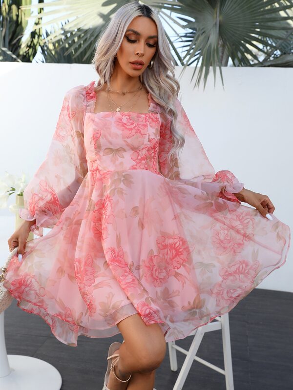 Barbie Floral Print Lantern Sleeve Organza Dress