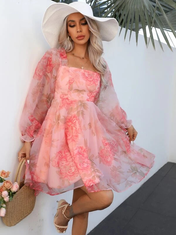 Barbie Floral Print Lantern Sleeve Organza Dress