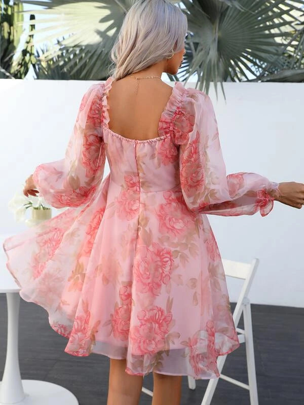 Barbie Floral Print Lantern Sleeve Organza Dress