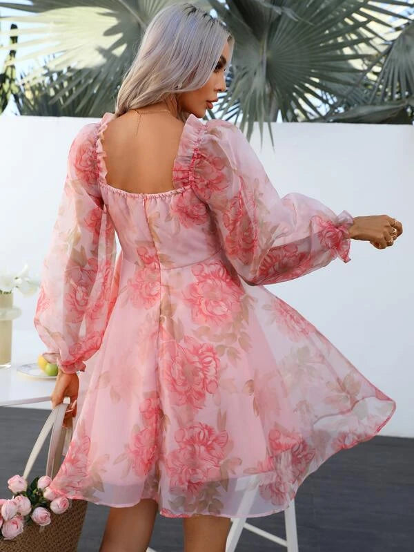 Barbie Floral Print Lantern Sleeve Organza Dress
