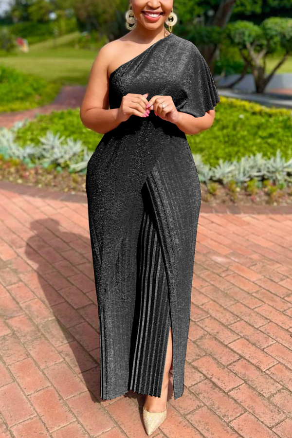 Asymmetrical Glitter Pleated Jumpsuit