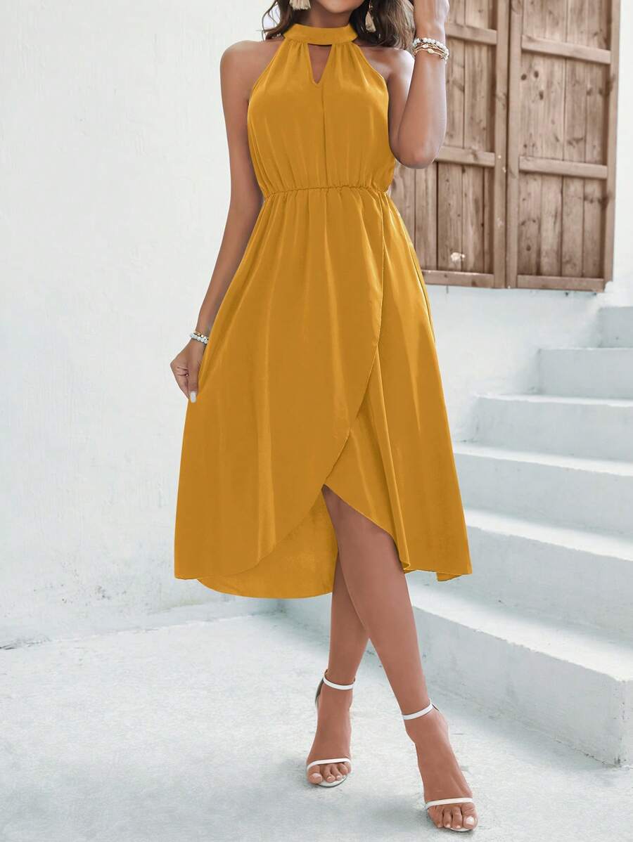 Asymmetrisches Neckholder-Kleid mit Schlüssellochausschnitt und Wickelsaum 