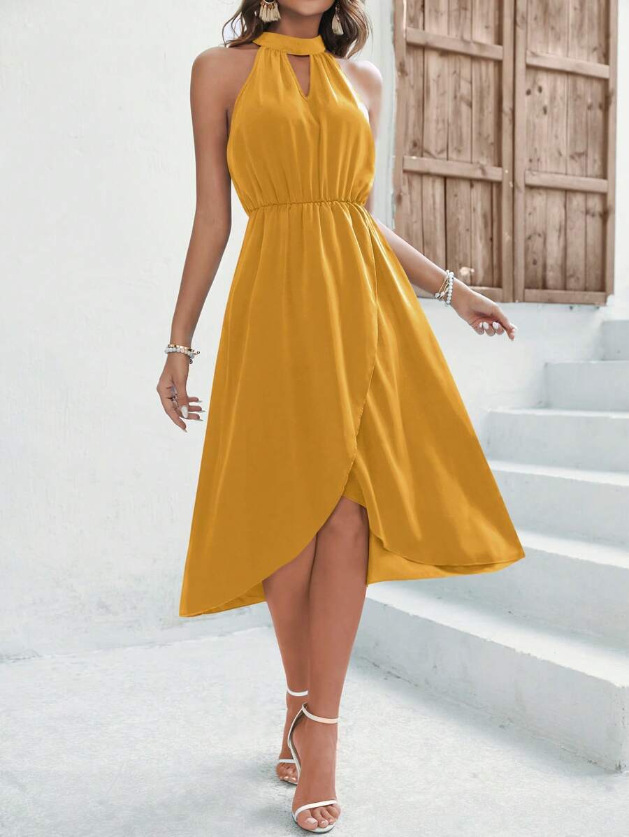 Asymmetrisches Neckholder-Kleid mit Schlüssellochausschnitt und Wickelsaum 