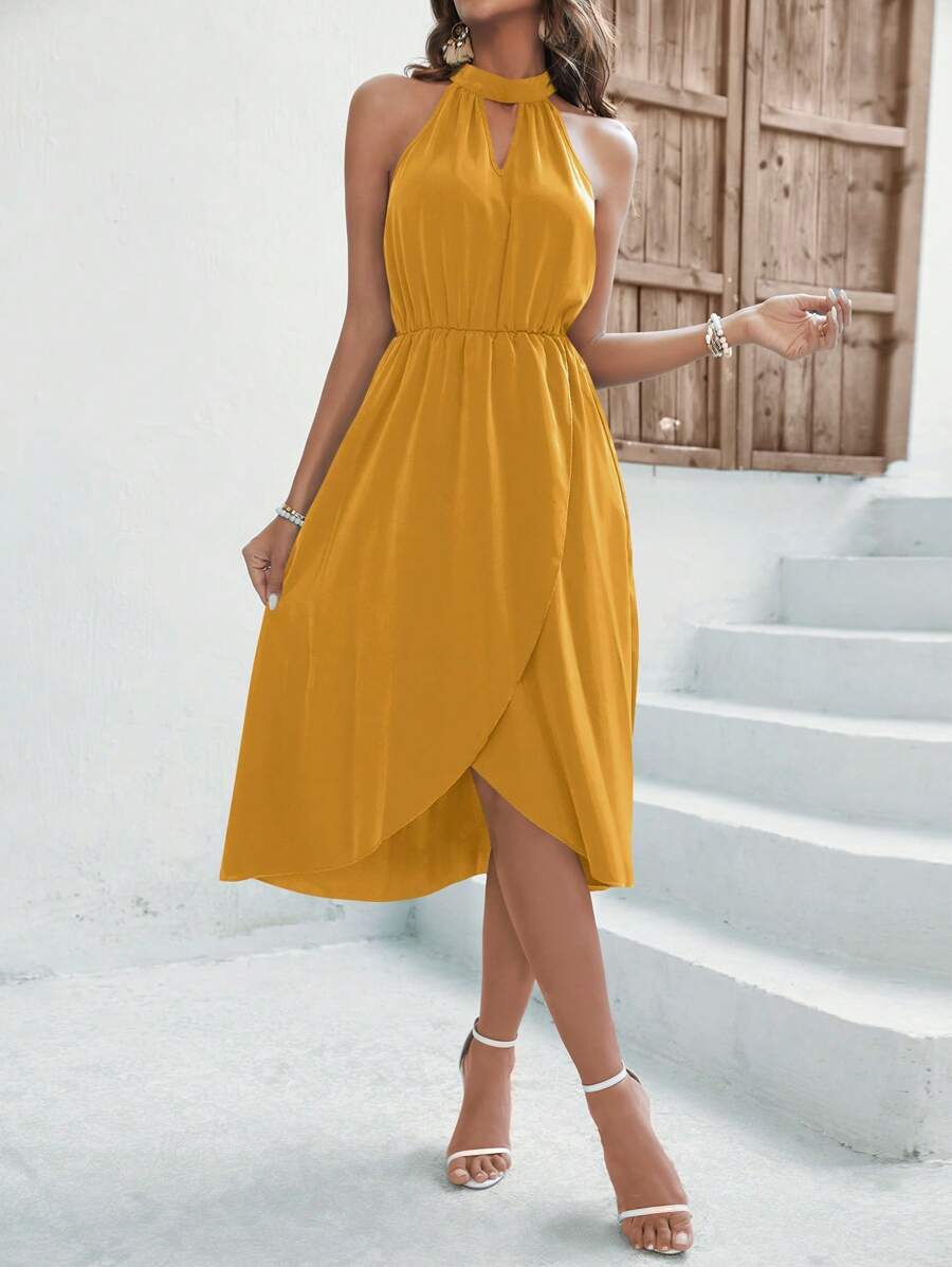 Asymmetrisches Neckholder-Kleid mit Schlüssellochausschnitt und Wickelsaum 