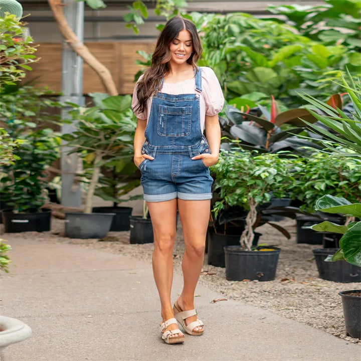 Stretchy Denim Overall High Rise Shorts
