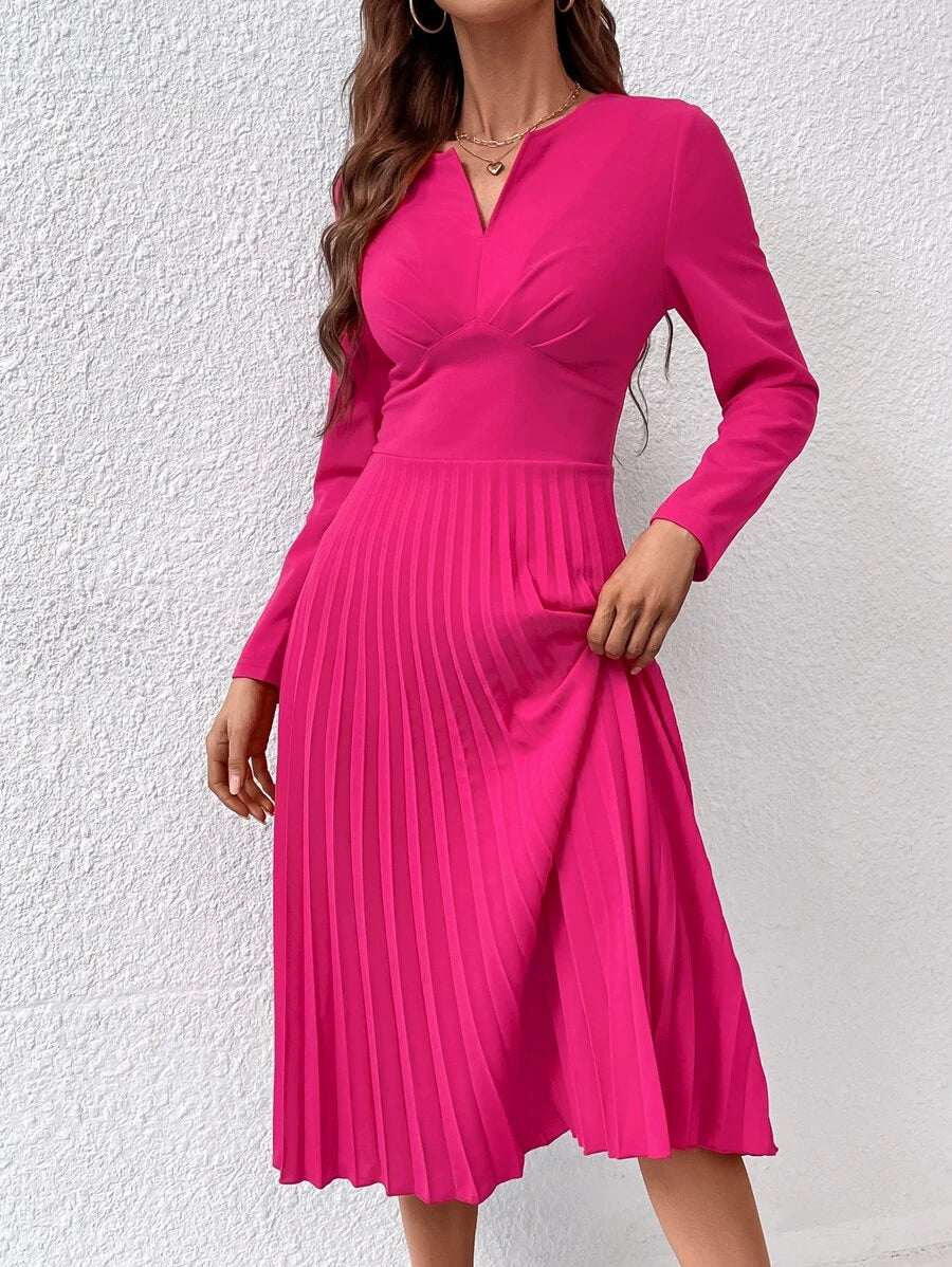 Barbie Notched Elegant Pleated Hem Dress