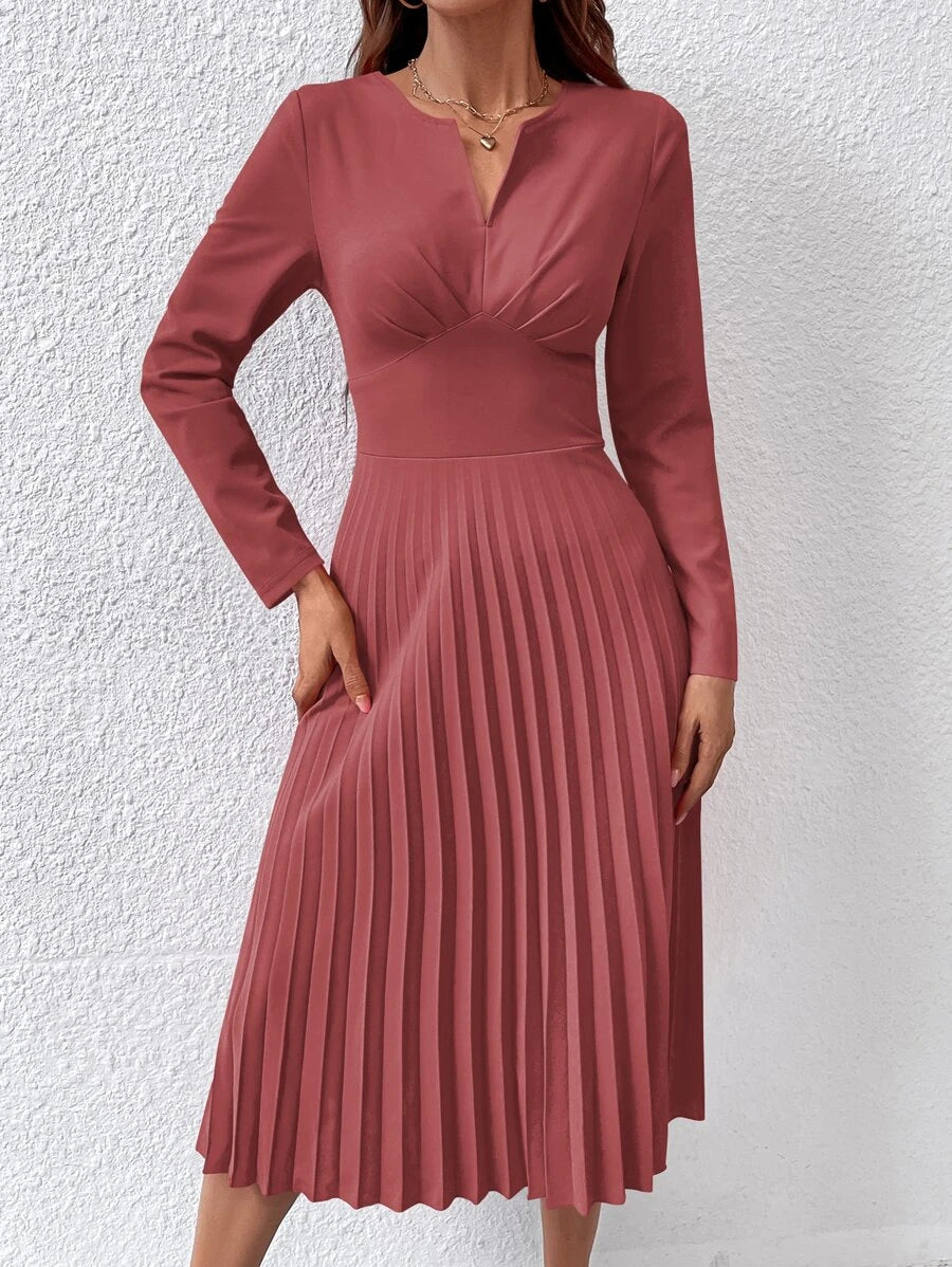 Barbie Notched Plain Pleated Hem Dress