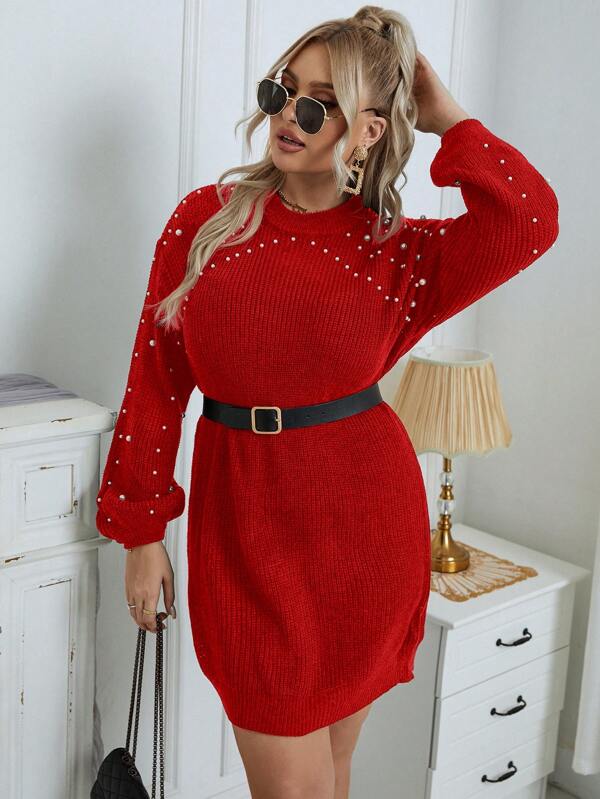 Pearl Beaded Sweater Dress Without Belt