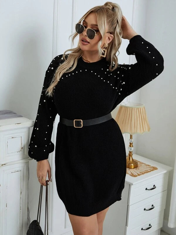 Pearl Beaded Sweater Dress Without Belt