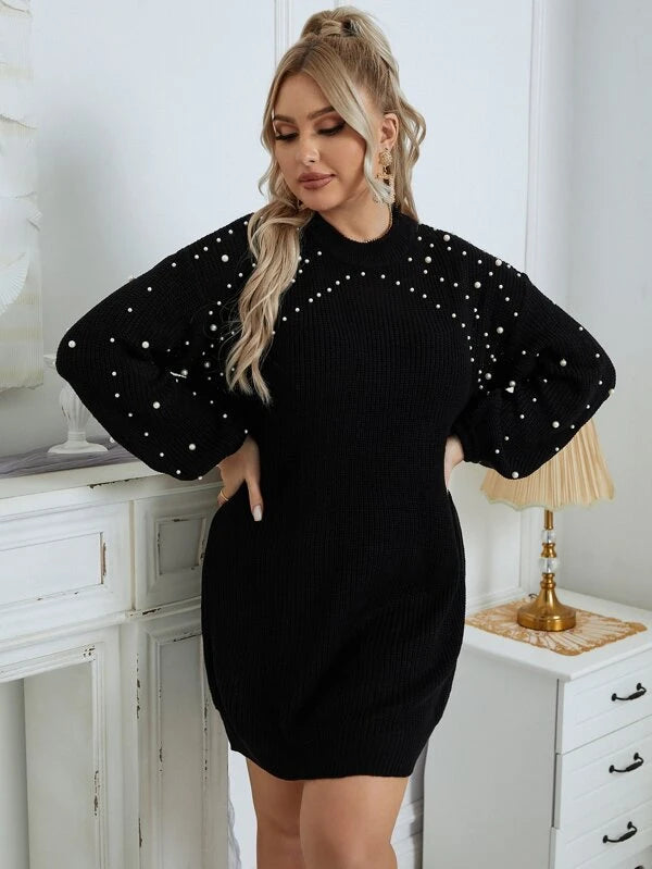 Pearl Beaded Sweater Dress Without Belt