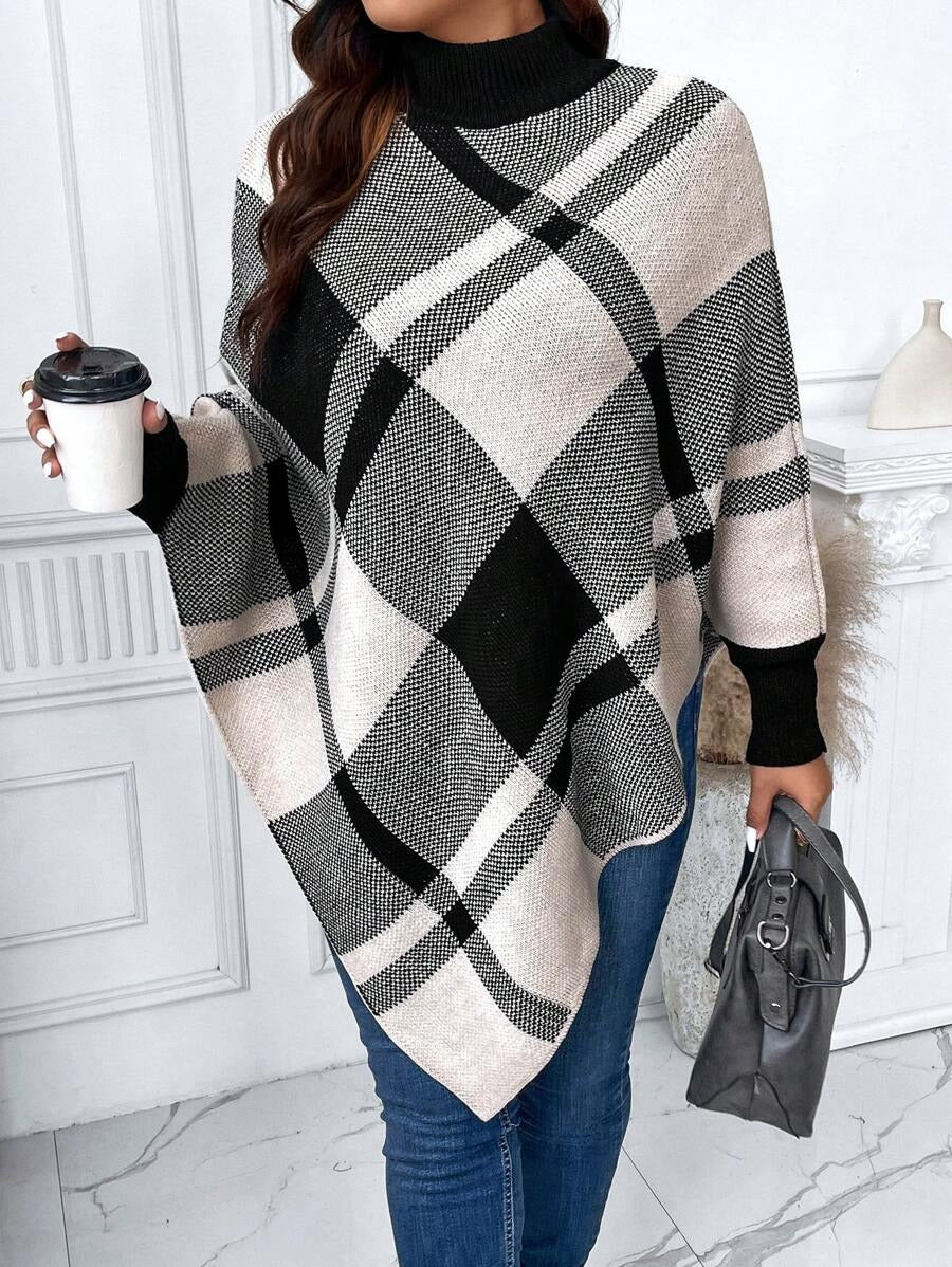 Plaid Pattern Turtleneck Batwing Sleeve Poncho