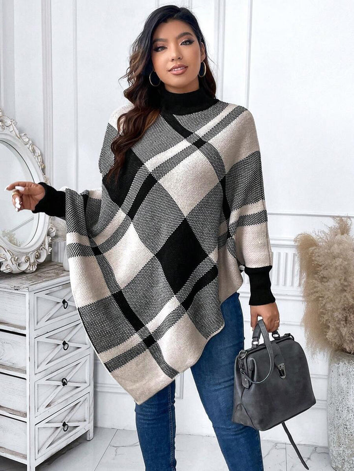 Plaid Pattern Turtleneck Batwing Sleeve Poncho