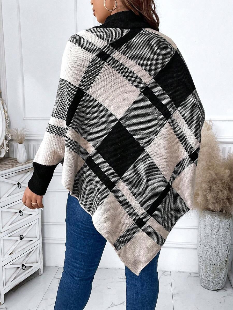 Plaid Pattern Turtleneck Batwing Sleeve Poncho