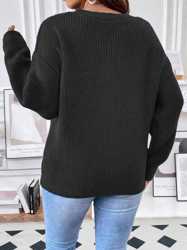 Plain Design Ribbed Knit Sweater