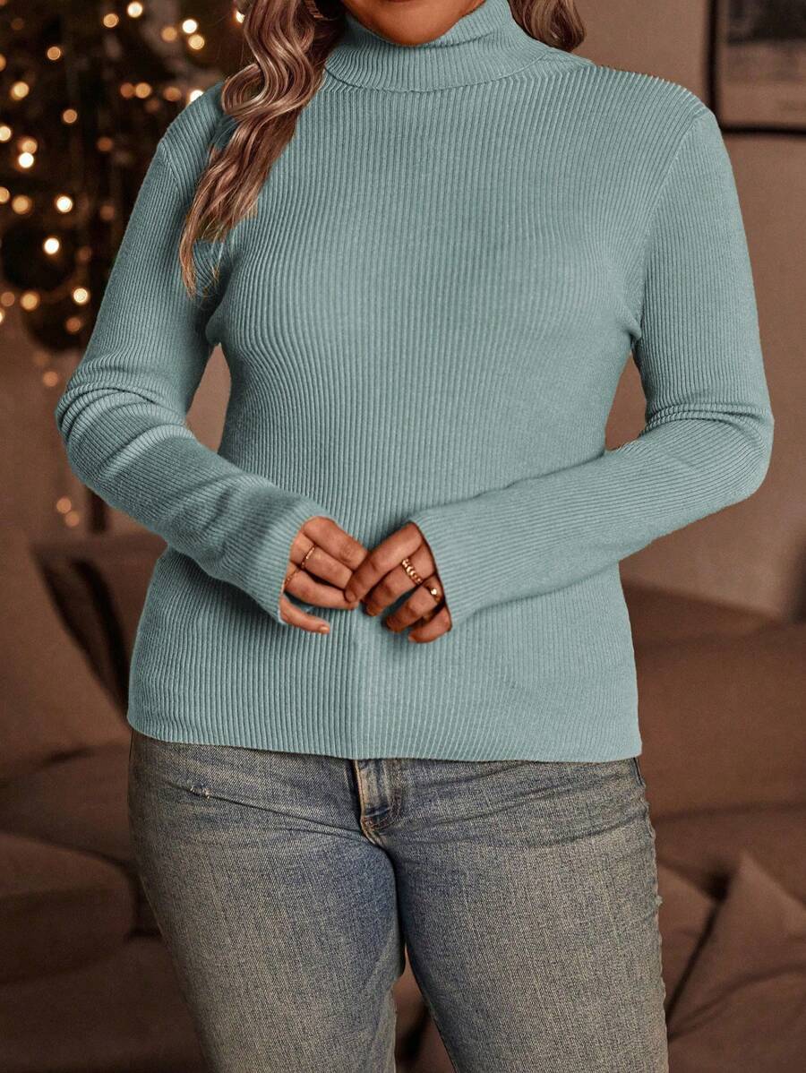 Plain Pattern Ribbed Knit Sweater