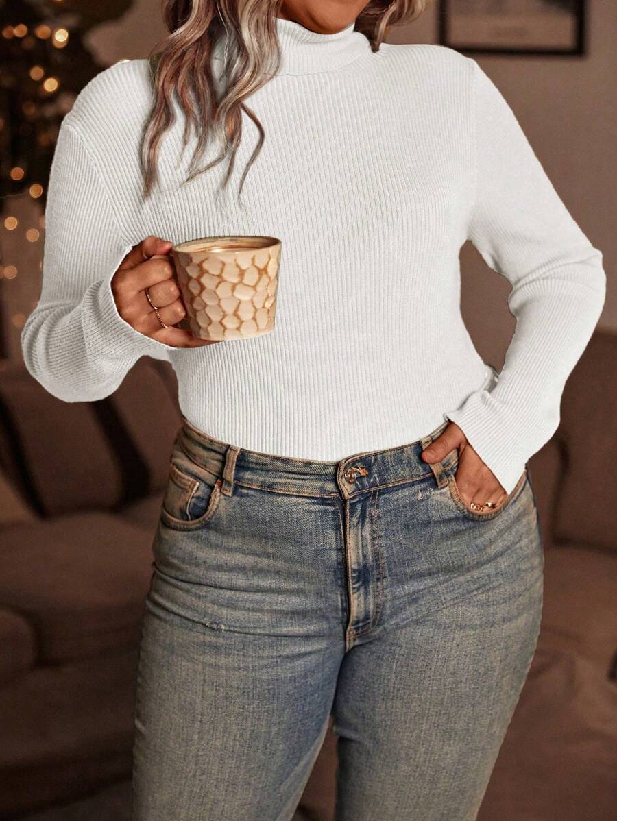 Plain Pattern Ribbed Knit Sweater